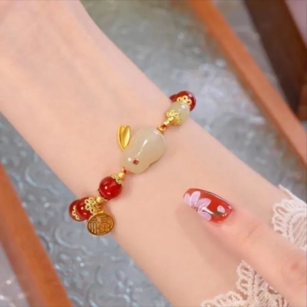 COPY - COPY - Gold Red White Jade Rabbit Bunny Stretch Bracelet - Picture 3 of 6